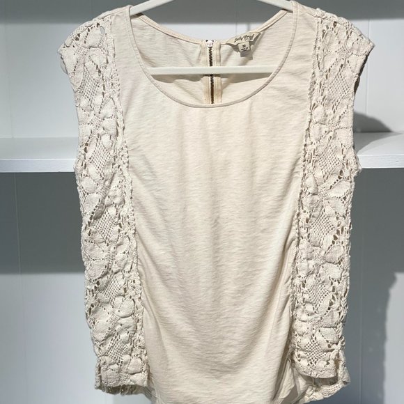 Lucky Brand Cap Sleeve Knit Shirt | Women's Size Medium | Cream/Lace - Picture 1 of 5